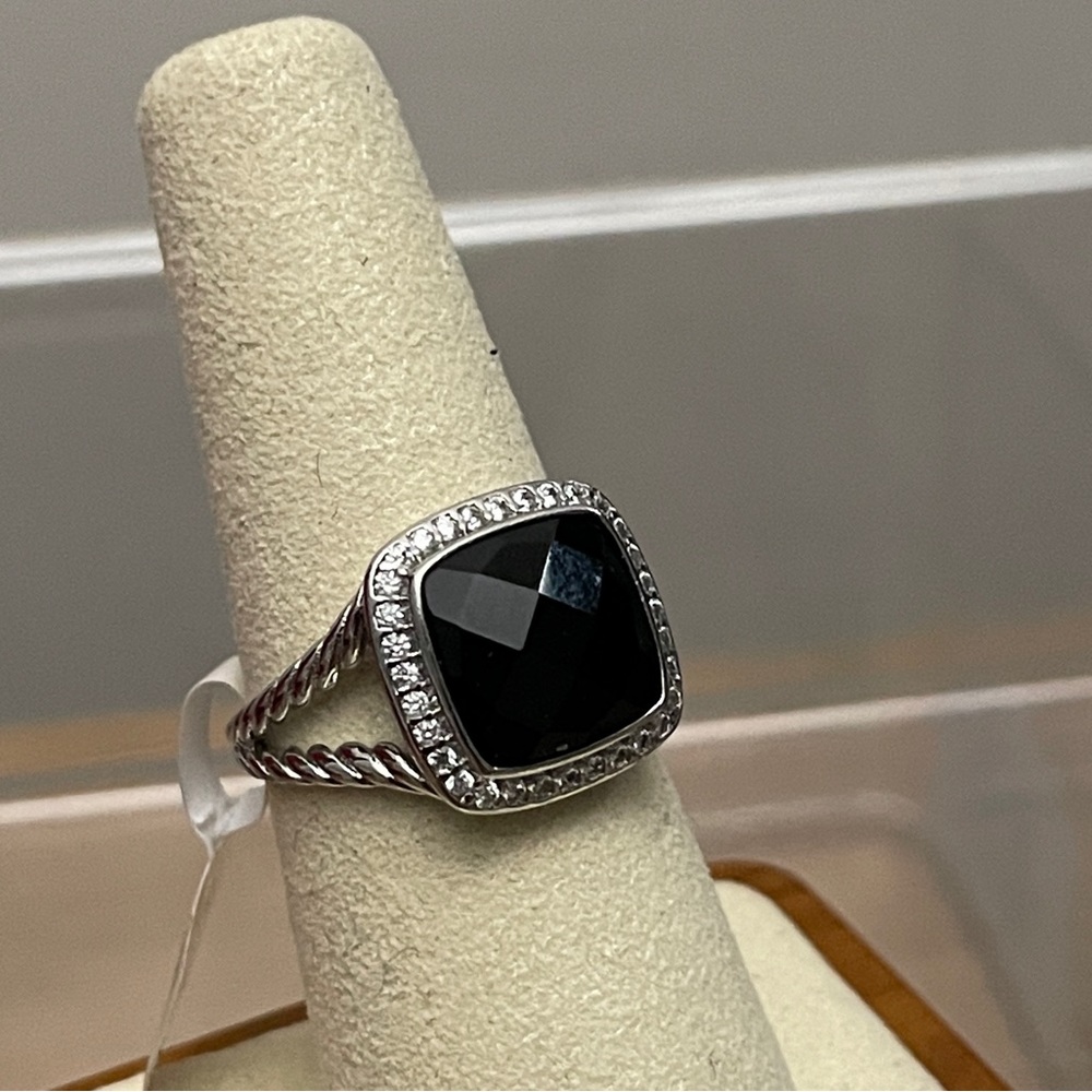 Pave Bezel Cushion Cut Oynx Ring, Rhodium Plated, Split Shank Band, Peer…